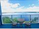Beautiful balcony view with a table and chairs overlooking the water at 13415 Blue Heron Beach Dr # 1006, Orlando, FL 32821