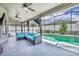 Screened-in patio with turquoise seating, ceiling fans, and a view of the pool at 2719 Osprey Creek Ln, Orlando, FL 32825