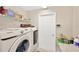 Laundry room with washer, dryer, wire shelving, and a white six-panel door at 305 St Georges Cir, Eagle Lake, FL 33839