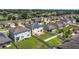 Exterior aerial view showcases the backyard with a hot tub and the neighborhood at 159 Lazy Willow Dr, Davenport, FL 33897