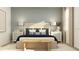 Sunlit bedroom featuring a cozy bed, modern lamps, and a stylish woven bench at 757 Terrapin Dr, Debary, FL 32713
