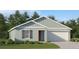Charming single-story home featuring a two-car garage, green lawn, and a vibrant red front door at 2082 Lasso Loop, Eagle Lake, FL 33839