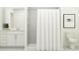 Bright bathroom featuring a shower with white curtain, vanity, and toilet with modern fixtures at 2109 Lasso Loop, Eagle Lake, FL 33839