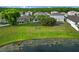 Aerial view of a backyard, landscaping, and pond from above at 1322 Aguacate Ct, Orlando, FL 32837