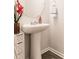 This powder room features a white pedestal sink, wood-look floors, and neutral paint at 1123 Sugarwood St, Davenport, FL 33837