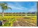 The home has a serene backyard view of a pond surrounded by lush greenery and neighboring houses at 7614 Oak Spring Ln, Davenport, FL 33837