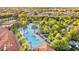 An aerial view showcases a pristine, resort-style pool surrounded by lush landscaping and a variety of palm trees at 7614 Oak Spring Ln, Davenport, FL 33837