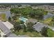 Aerial view of community pool, playground, pond, clubhouse, and parking lot at 6523 Evergreen Park Dr, Lakeland, FL 33813