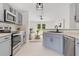Modern kitchen featuring stainless steel appliances, light blue cabinets, and views into living area at 421 Sierra Mike Blvd, Lake Alfred, FL 33850