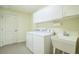 Functional laundry room with white cabinets, washer, dryer, and utility sink at 9345 Se 171St Le Flore Ln, The Villages, FL 32162