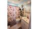 This bathroom has a Paris themed shower curtain, toilet, sink, and a vanity mirror with storage at 2073 Cr 428, Lake Panasoffkee, FL 33538