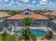 Aerial view of a private, screened-in pool with an outdoor kitchen in a lovely landscaped backyard at 3939 Sunset Lake Dr, Lakeland, FL 33810