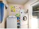Functional laundry room featuring modern washer and dryer, shelving, and decorative wall art at 3610 Amber Ln, Lakeland, FL 33812