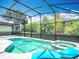 Refreshing pool and spa in a screened-in lanai, surrounded by lush landscaping at 2806 Spinning Silk Ct, Kissimmee, FL 34747