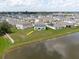 Aerial view of the backyard facing a community pond, and neighborhood homes at 1424 Axel Cir, Winter Haven, FL 33880