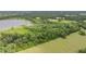 This aerial view shows the property's wooded areas, open pasture, and proximity to a tranquil lake at 1611 County Road 753S, Webster, FL 33597