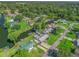 Wide aerial of the waterfront neighborhood surrounded by lush trees and green scenery at 718 Cr 467, Lake Panasoffkee, FL 33538