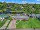 Aerial view of a home with a metal roof, a spacious backyard, and access to a tranquil waterway at 718 Cr 467, Lake Panasoffkee, FL 33538