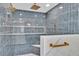 Modern shower with blue tiled walls, brass fixtures, built-in shelving and luxurious rainfall shower head at 390 Windermere Dr, Lakeland, FL 33809