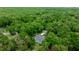 Aerial view of property surrounded by lush trees featuring a screen porch and lengthy driveway at 9530 Sw 189Th Ct, Dunnellon, FL 34432