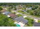 Aerial perspective of a home with a pool, nestled in a neighborhood with mature trees and well-maintained lawns at 34 Aaron Cir, Ormond Beach, FL 32174