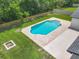Aerial view of a private pool with brick trim, surrounded by grass and a patio, creating an outdoor oasis at 34 Aaron Cir, Ormond Beach, FL 32174