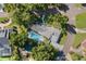 Aerial view of a home featuring a backyard pool, mature trees, and a well-maintained landscape at 2110 Reaney Rd, Lakeland, FL 33803