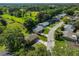 Aerial view of home, showing lush surroundings, mature trees, street and the long driveway at 1110 Waterview E Blvd, Lakeland, FL 33801