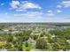 Panoramic aerial view exhibits houses, calm ponds, and lots of trees, all under a partly cloudy blue sky at 4221 Meadowbend Ct, Lakeland, FL 33811