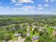 Overhead perspective showcasing houses, trees, and green spaces, with a serene partly cloudy sky at 4221 Meadowbend Ct, Lakeland, FL 33811
