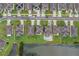 Aerial view showcasing the neighborhood's well-maintained lawns and orderly street layout with a nearby pond at 5660 Keaton Springs Dr, Lakeland, FL 33811