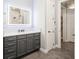 This bathroom vanity has a sink and a large LED mirror with modern gray cabinetry at 2242 Soaring Eagle Pl, Lake Mary, FL 32746