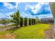 Backyard featuring a well-maintained lawn, privacy hedges, and view of the water at 8875 Backspin Ln, Champions Gate, FL 33896