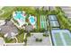 Aerial view of community amenities with pool, bocce ball and tennis courts at 2132 Limestone Trl, Kissimmee, FL 34747