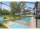 A beautiful in-ground screened pool with spa and lovely patio furniture and a blue outdoor rug at 3229 Gardner Oaks Ln, Lakeland, FL 33810