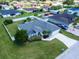 An aerial view showcasing the landscaped yard, long driveway, and neutral color scheme of the home at 2869 Hickory Ridge Dr, Lakeland, FL 33813