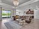 Open-concept living room and kitchen boasts stainless steel appliances, a large island, and a comfortable sectional at 3544 Lakeside Heritage Dr, Lakeland, FL 33812