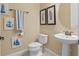 Well-lit powder room with a pedestal sink, toilet, nautical themed decor, and a stylish round mirror at 852 Desert Mountain Ct, Reunion, FL 34747