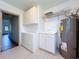 Functional laundry room with white cabinets, a water heater, and shelving for storage and organization at 1938 E Fern Rd, Lakeland, FL 33801