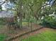 Backyard view with a chain-link fence enclosing a lush area under mature trees, providing privacy at 909 Heatherbrook Dr, Auburndale, FL 33823