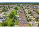 Aerial shot displaying a neighborhood layout with green spaces, pools, and residential houses along the street at 1138 Fountain Coin Loop, Orlando, FL 32828