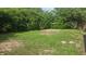 Backyard with dense greenery and a mix of grass and sandy ground cover at 1514 Crest Ave, Leesburg, FL 34748