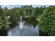 Aerial view of a community pond with a water fountain surrounded by lush green trees at 116 Winding Oaks Ln, Oviedo, FL 32765