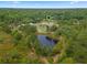 Aerial view of property showcasing home, pond, and lush surroundings at 32200 Ponderosa Ave, Deland, FL 32720