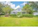 Charming light blue house with a well-maintained lawn and lush landscaping at 450 W Delaware Ave, Lake Helen, FL 32744