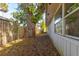 Side yard view, showing a large tree and wooden fence at 119 Bigelow Dr, Edgewater, FL 32132