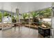 Relaxing screened porch with fire pit, bar stools, and a view of the backyard at 1083 E Normandy Blvd, Deltona, FL 32725