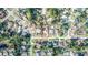 Overhead neighborhood view featuring the property outlined in red, nestled among lush trees and other homes at 1391 San Carlos Ave, Deltona, FL 32738