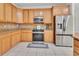 Functional kitchen with stainless steel appliances, lots of cabinets and tile backsplash at 955 N Ridgewood Ave, Deland, FL 32720