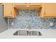 Close up of the stainless steel kitchen sink with wood cabinets and blue tiled backsplash at 1401 S Palmetto Ave # 614, Daytona Beach, FL 32114